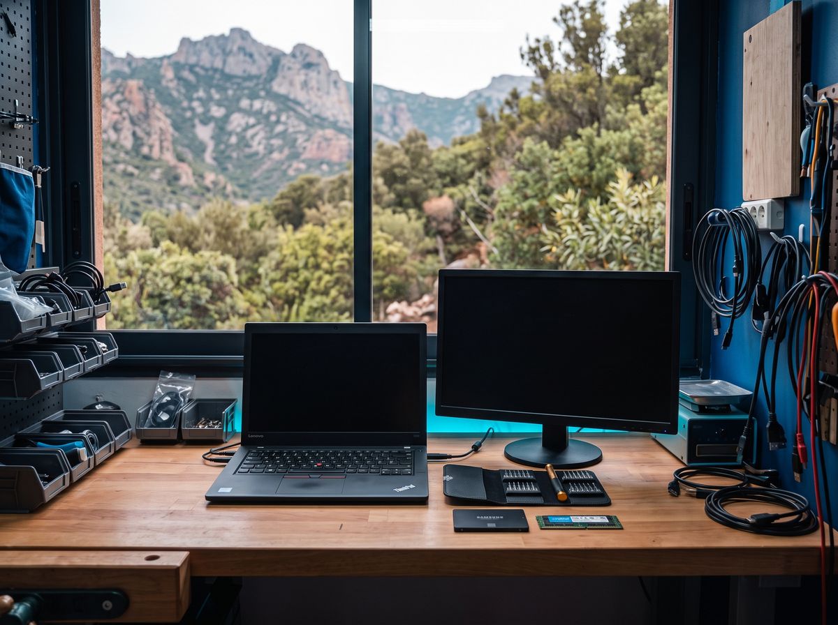 Poste de travail d’atelier informatique installé devant une fenêtre ouverte sur la montagne et le maquis