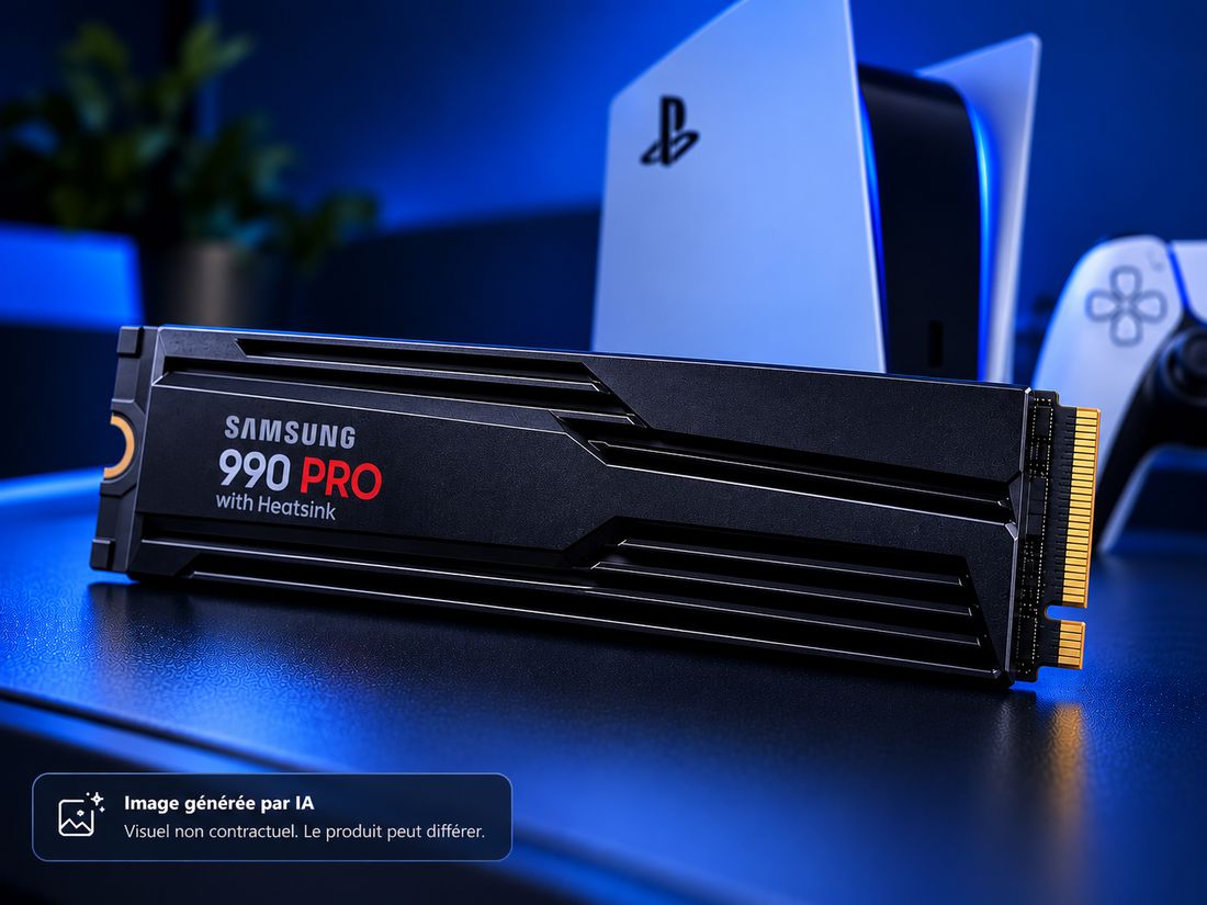 Illustration non contractuelle générée par IA : SSD Samsung 990 PRO avec dissipateur posé sur un bureau, devant une console PS5 et sa manette