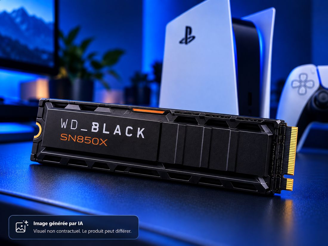 Illustration non contractuelle générée par IA : SSD WD_BLACK SN850X avec dissipateur posé sur un bureau, devant une console PS5 et sa manette