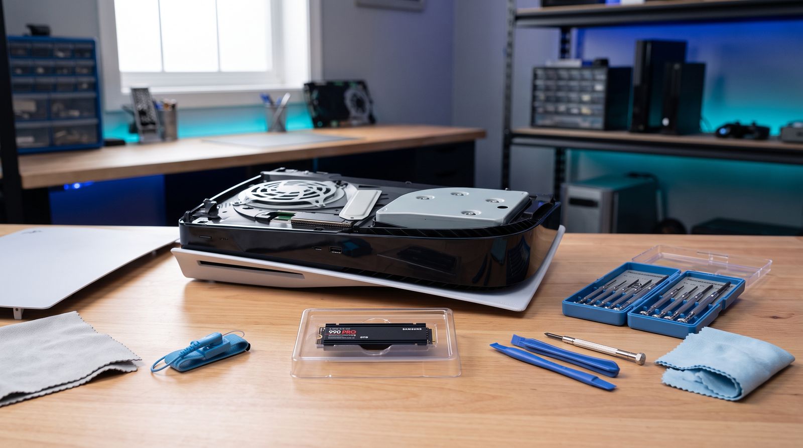 PS5 ouverte sur un établi, SSD M.2 dans sa coque et outils de précision prêts pour l’installation