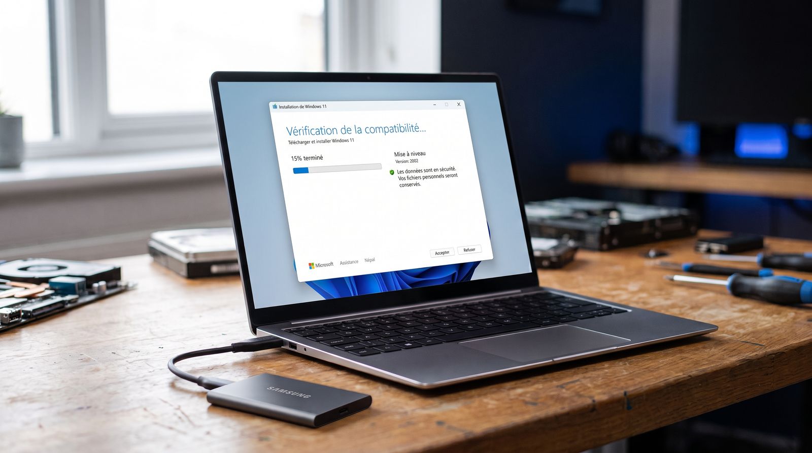 Ordinateur portable pendant une mise à niveau vers Windows 11, relié à un disque externe