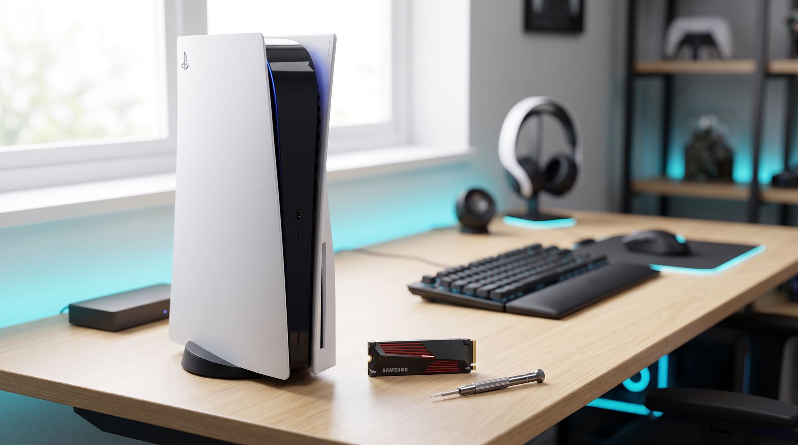 Console PS5 posée sur un bureau, avec à côté un SSD M.2 à dissipateur et un tournevis de précision